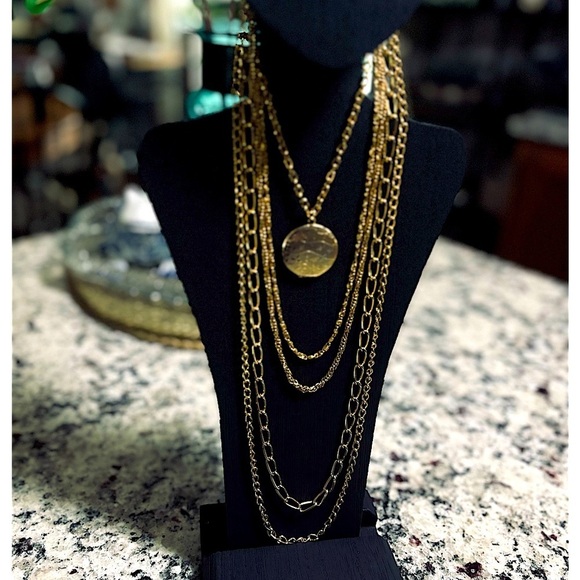 Long Multi Strand Gold Necklace with Locket Five Gold Tone Chains and Locket - Picture 2 of 12